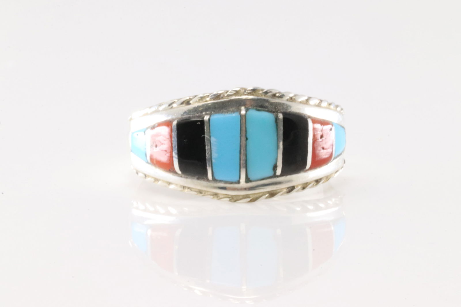 Native America Zuni Sterling Silver Multi-Color Stone Inlay Ring By M.P. (1 of 4)