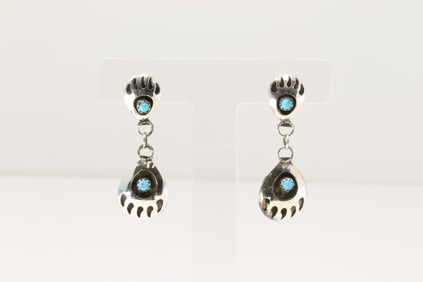 Native America Navajo Sterling Silver Bear Paw Turquoise Post / Dangling Earring's By Leroy Parker.