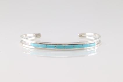 Native America Zuni Sterling Silver Turquoise Inlay Bracelet Cuff By A.L.W.