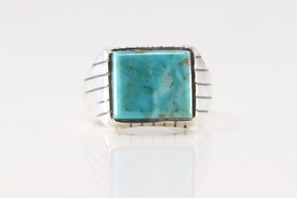Native America Navajo Sterling Silver Men Turquoise Inlay Ring By R.
