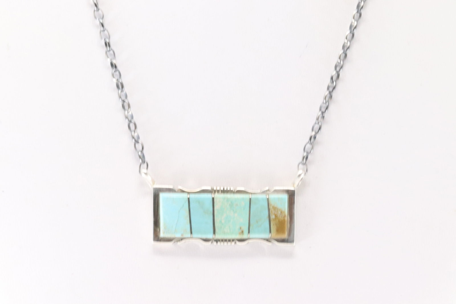 Native America Navajo Sterling Silver Kingman Turquoise Inlay Neckalce By Steve Francisco.: This is a Native America Navajo Sterling Silver Kingman Turquoise Inlay Neckalce By Steve Francisco. Neckalce length: 16.00"