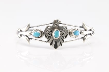 Native America Navajo Sterling Silver Turquoise Thunderbird Bracelet Cuff By Bobby Platero.