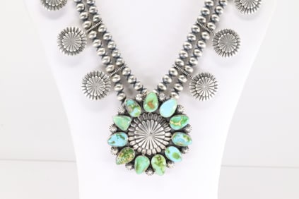 Native America Navajo Sterling Silver Sonora Gold Turquoise Necklace y Tom Lewis.