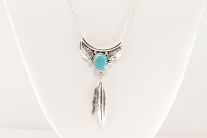 Native America Navajo Sterling Silver Turquoise Necklace/  Feather By Sharon McCarthy.