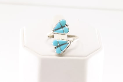 Native America Zuni Sterling Silver Turquoise Heart Inlay Ring By R.V.N.