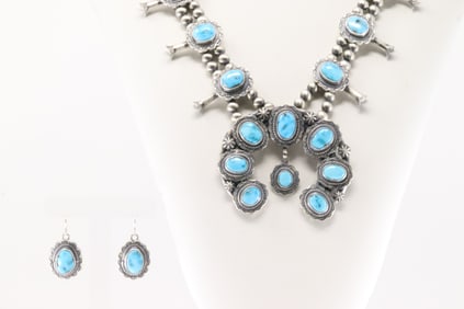 Native America Navajo Sterling Silver Kingman Turquoise Squash Blossom Necklace & Earring's Set By