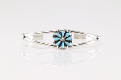 Native America Zuni Sterling Silver Turquoise Bracelet Cuff By David & Sarita Leekity.