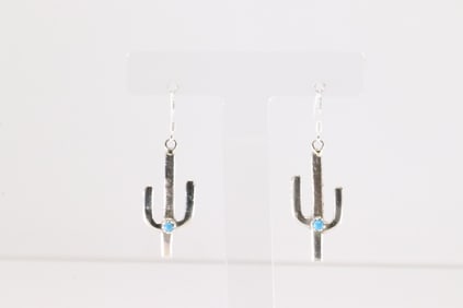 Native America Navajo Sterling Silver Turquoise Cactus Dangling Earring's By Sylvia Chee & Shantel