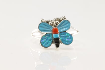 Native America Zuni Sterling Silver Multi-Color Stone Butterfly Ring By Erva Quam.