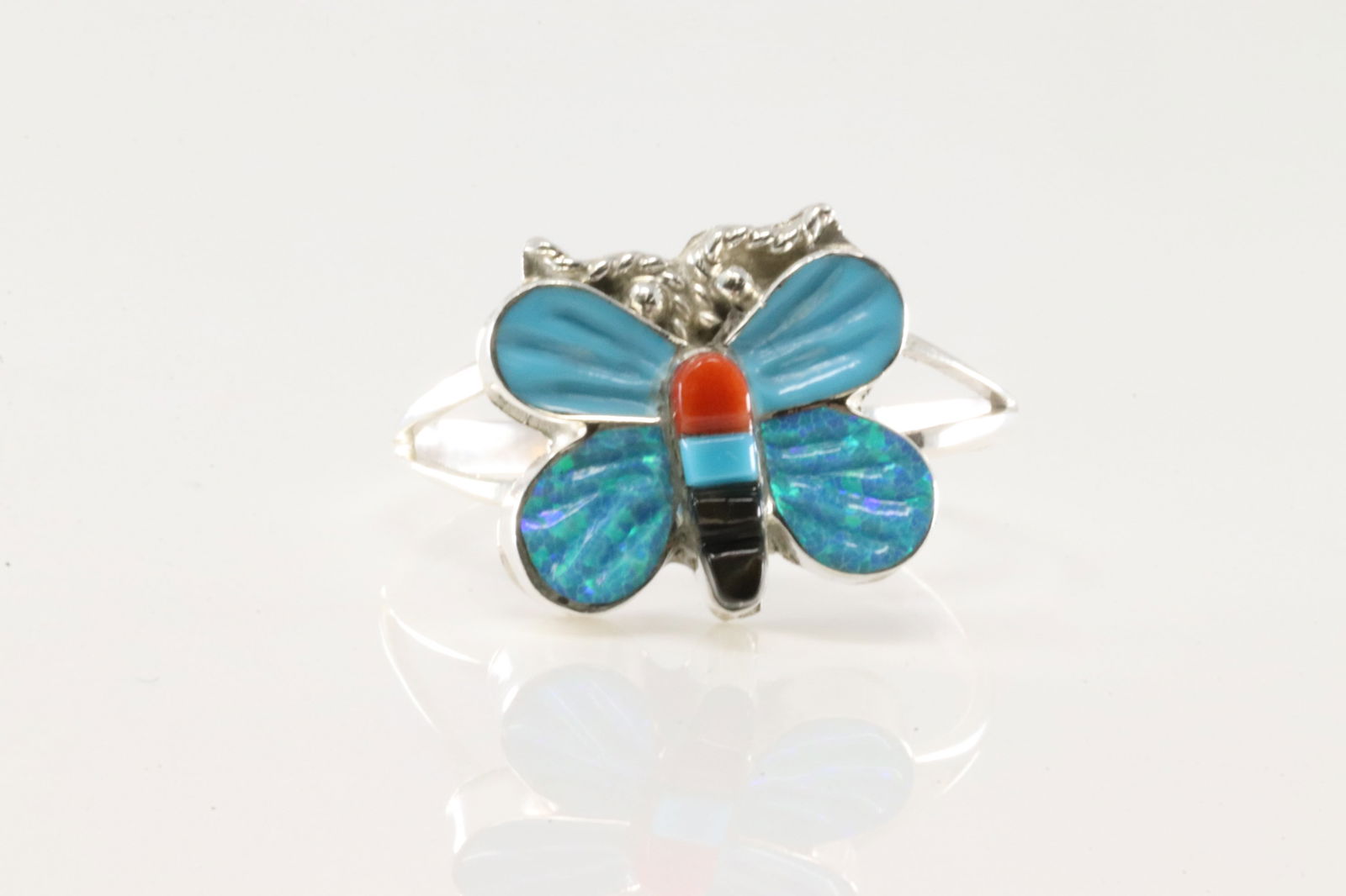 Native America Zuni Sterling Silver Multi-Color Stone Butterfly Ring By Erva Quam. (1 of 4)