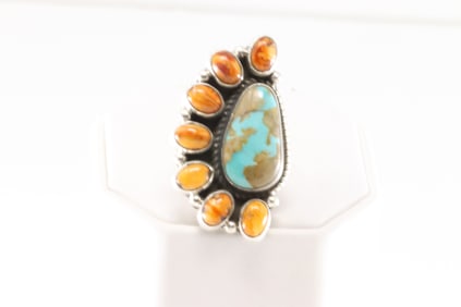 Native America Navajo Sterling Silver Spiny Oyster & Turquoise Ring By Geraldine James.