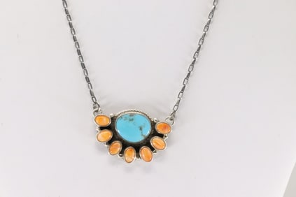 Native America Navajo Sterling Silver Spiny Oyster & Turquoise Necklace By Geraldine James.