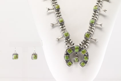 Native America Navajo Sterling Silver Sonora Gold Turquoise Squash Blossom Necklace & Earring's Set