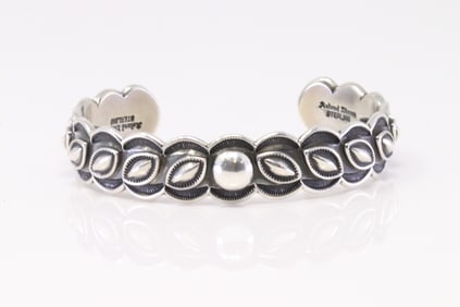 Native America Navajo Sterling Silver Stamped Design Bracelet By Roland Dixson.