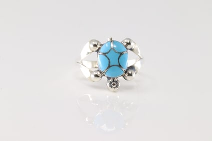 Native America Zuni Sterling Silver Turquoise Inlay Turtle Ring By Amielda Peynetsa.