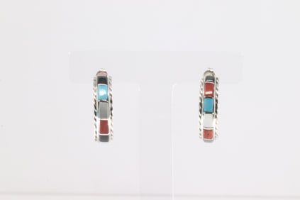 Native America Zuni Sterling Silver Multi-Color Stone Inlay Hoop Earring's By Malcolm Chavez.
