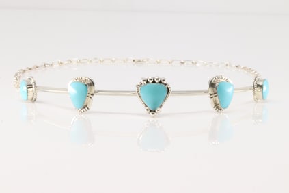 Native America Navajo Sterling Silver Turquoise Choker Necklace By David Lopez.