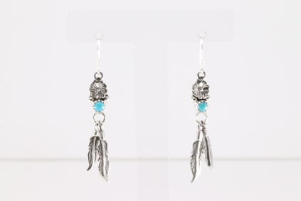 Native American Navajo Sterling Silver Turquoise Flower & Feather Dangling Earring's By Sharon