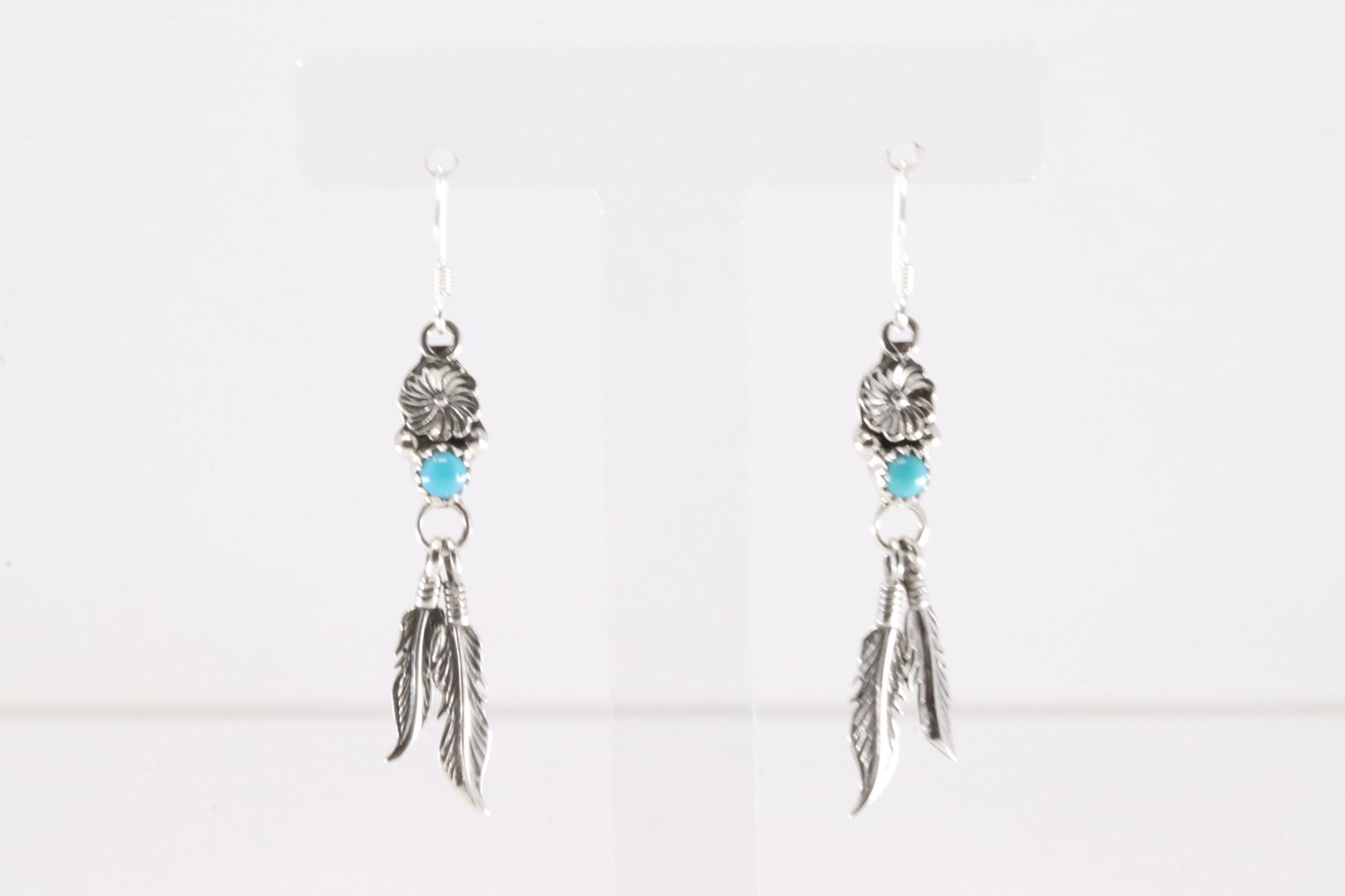 Native American Navajo Sterling Silver Turquoise Flower & Feather Dangling Earring's By Sharon (1 of 4)