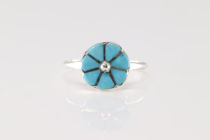 Native America Zuni Sterling Silver Turquoise Inlay Ring By Walter Lalio.