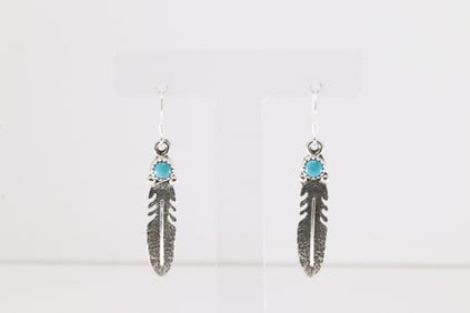Native American Navajo Sterling Silver Turquoise Feather Dangling Earring's By Sharon McCarthy.