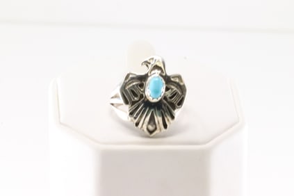 Native America Navajo Sterling Silver Turquoise Thunderbird Ring By Theresa Smith.