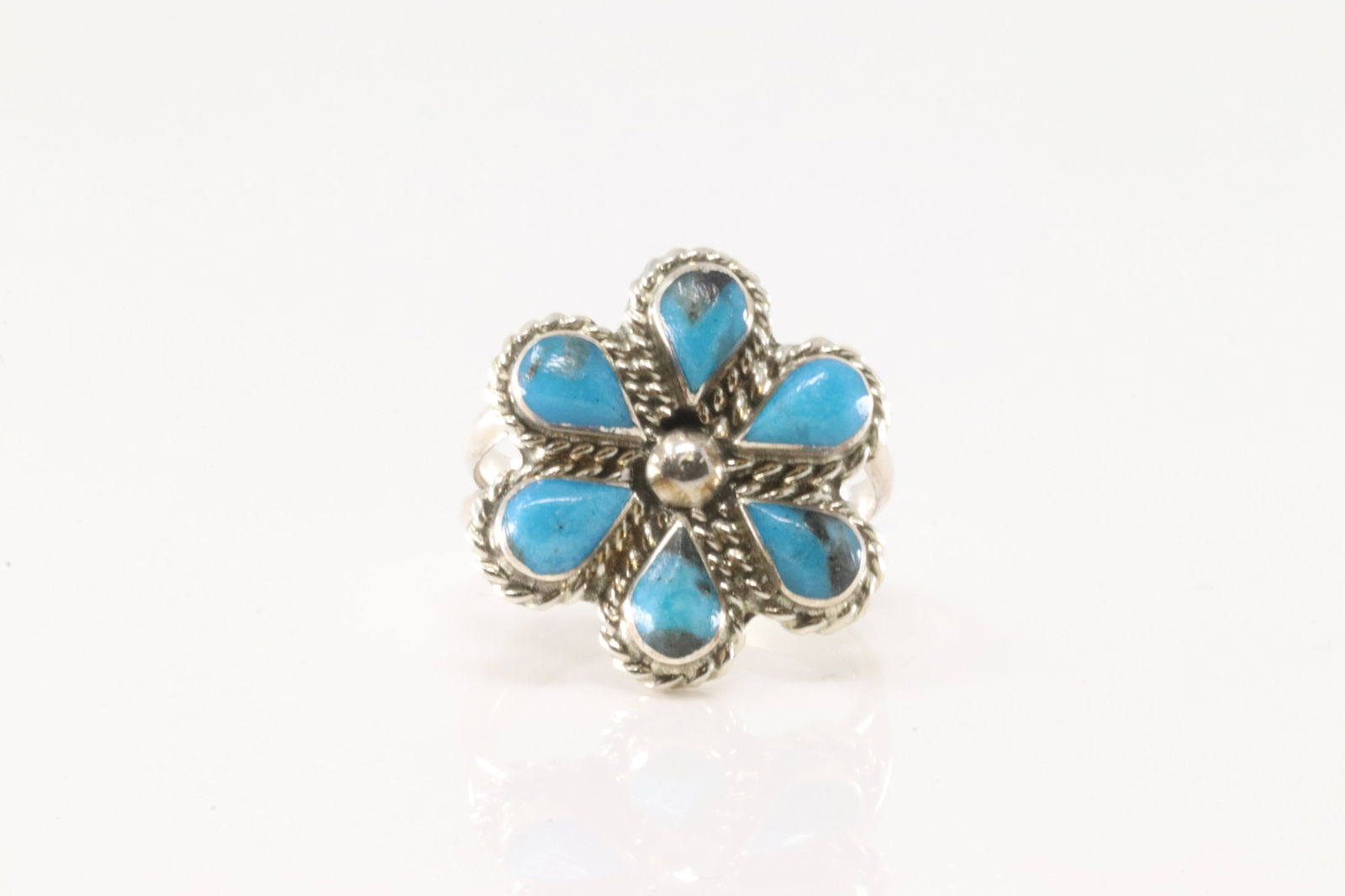 Native America Zuni Sterling Silver Turquoise Flower Ring By M.G.D. (1 of 4)