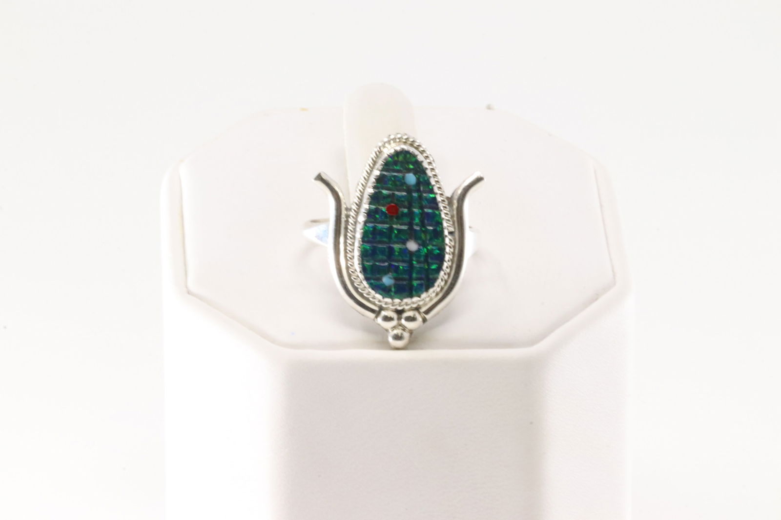 Native America Zuni Sterling Silver Opal & Multi-Color Corn Ring By K.Etsate. (1 of 4)