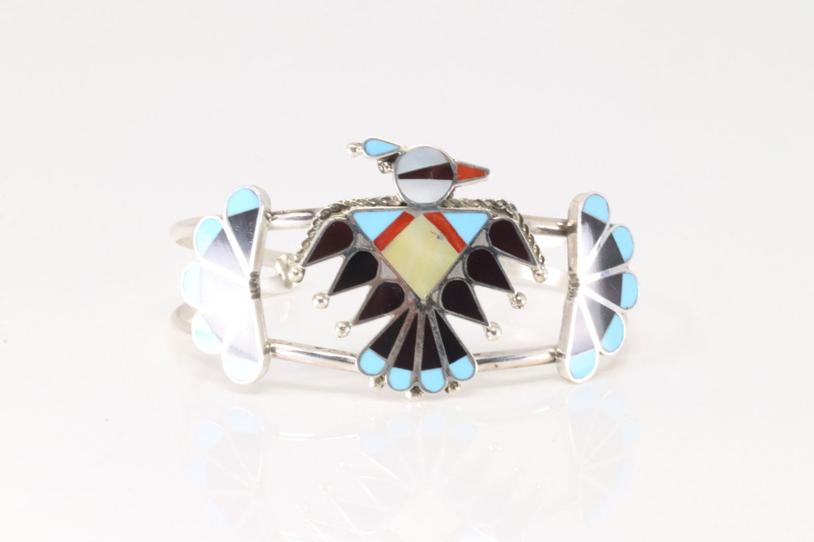 Native America Zuni Sterling Silver Multi-Color Stone Inlay Thunderbird Bracelet Cuff By Adrian (1 of 4)