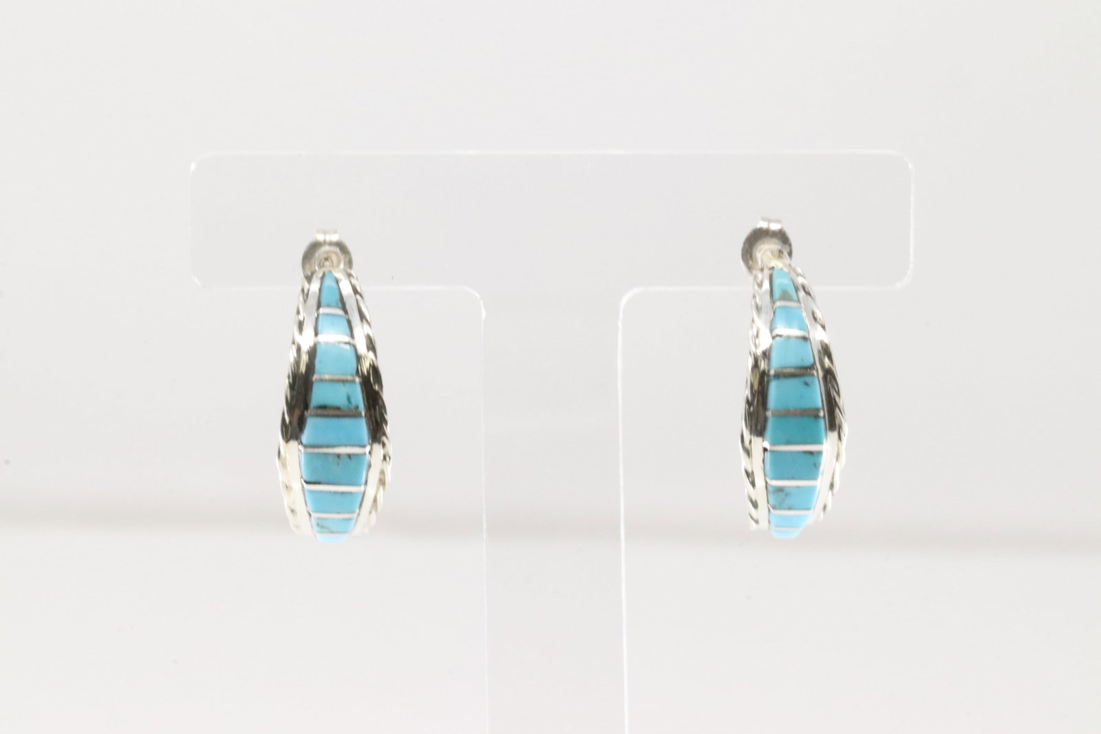 Native America Zuni Sterling Silver Turquoise Inlay Hoop Earring's By Malcolm Chavez.: This is a Native America Zuni Sterling Silver Turquoise Inlay Hoop Earring's By Malcolm Chavez.