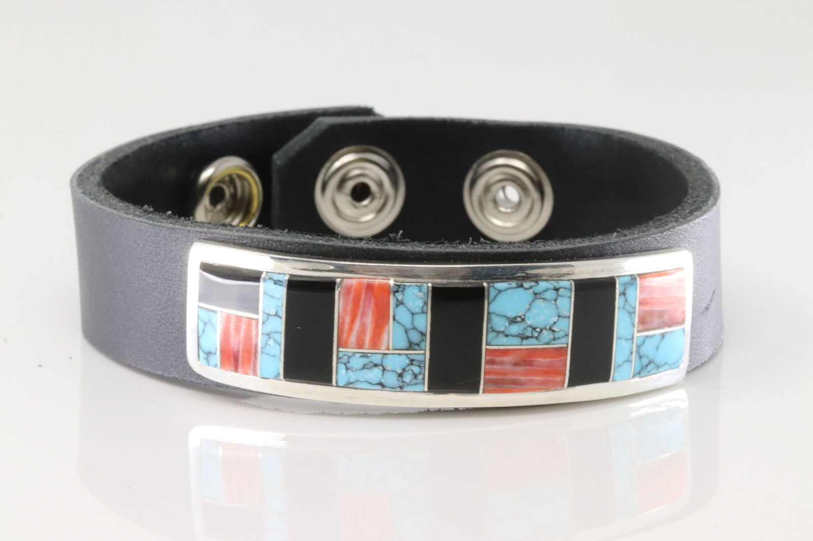 Native America Navajo Sterling Silver Multi-Color Stone Inlay Leather Bracelet By Edison Yazzie. (1 of 4)