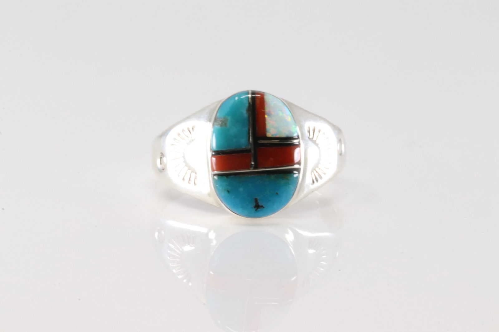 Native America Zuni Sterling Silver Men Multi-Color Stone Inlay Ring By M.L. (1 of 3)