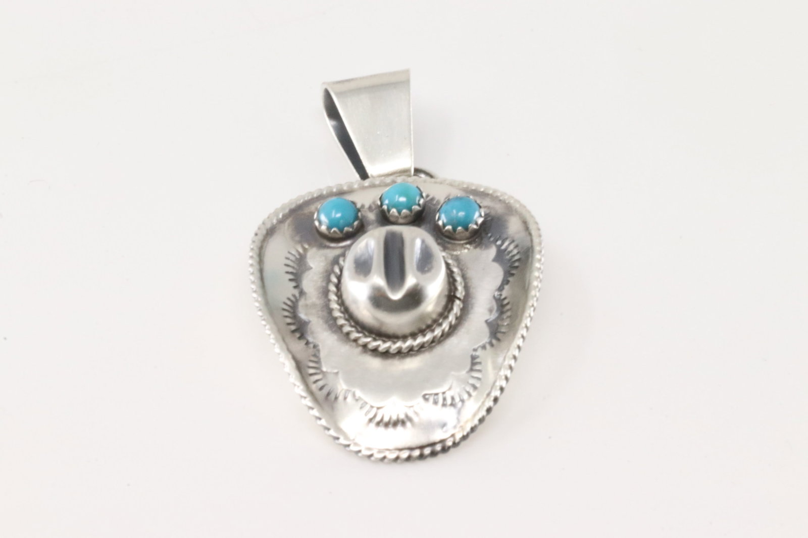 Native America Navajo Sterling Silver Turquoise Cowboy Hat Pendant By Bobby Platero.: This is a Native America Navajo Sterling Silver Turquoise Cowboy Hat Pendant By Bobby Platero.