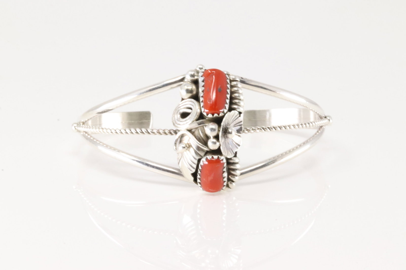 Native America Navajo Sterling Silver Coral Bracelet Cuff By Max Calladitto.: This is a Native America Navajo Sterling Silver Coral Bracelet Cuff By Max Calladitto.