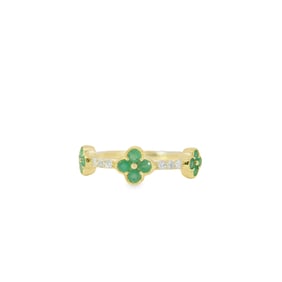 Emerald & Diamond Clover Ring 14Kt. Ring features delicate Green Emerald Clover motifs, symbolizing