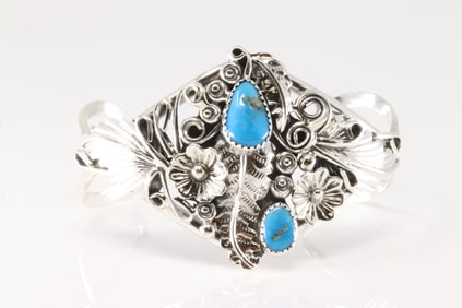 Native America Navajo Sterling Silver Turquoise Floral Bracelet Cuff By Harry B.Yazzie.