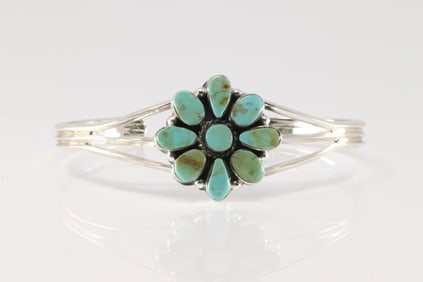 Native America Navajo Sterling Silver Turquoise Bracelet Cuff By Marie Bahe.