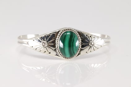 Native American Navajo Sterling Silver Malachite Bracelet Cuff By Renee Yazzie.