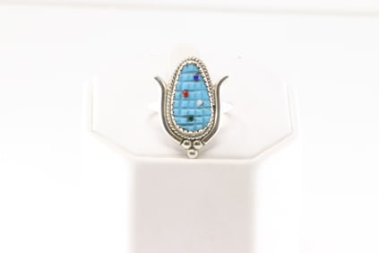 Native American Zuni Sterling Silver Turquoise & Multi-Color Stone Corn Ring By K.Etsate.