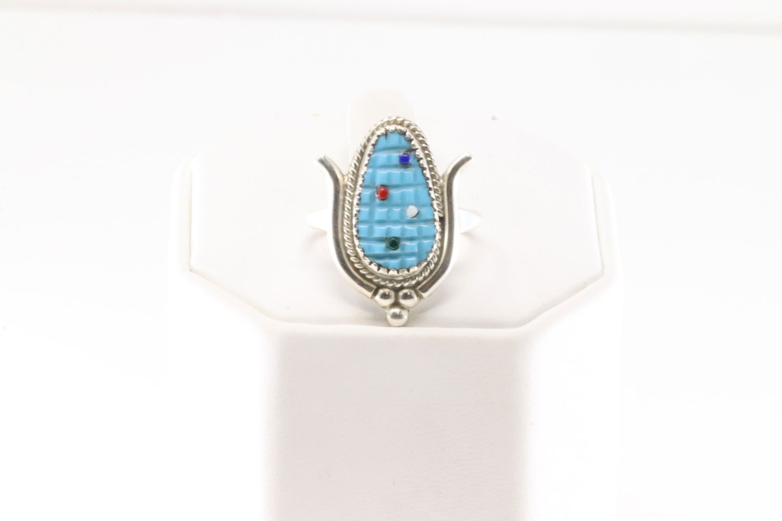 Native American Zuni Sterling Silver Turquoise & Multi-Color Stone Corn Ring By K.Etsate. (1 of 4)