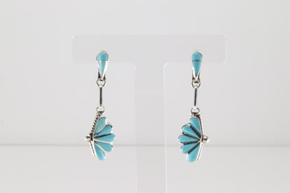 Native America Zuni Sterling Silver Turquoise Inlay Post / Dangling Earring's By Velda Nastacio.