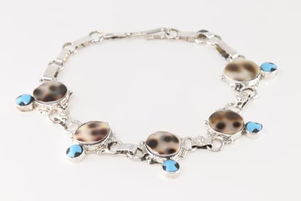 Native America Zuni Sterling Silver Cowrie Shell & Turquoise Turtles Bracelet Link By Kathryn Qualo.