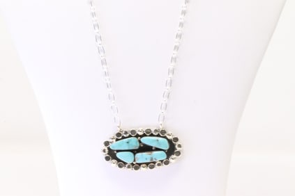 Native America Navajo Sterling Silver Turquoise Necklace By Sadie Jim.