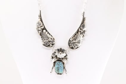 Native America Navajo Sterling Silver Turquoise Floral Necklace By Loretta Delgarito.