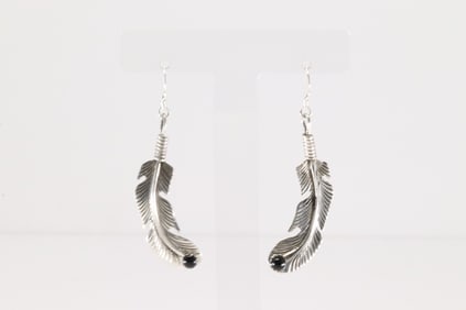 Native America Navajo Sterling Silver Black Onyx Feather Dangling Earring's By Louise Joe.