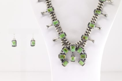 Native America Navajo Sterling Silver Sonora Gold Turquoise Squash Blossom Necklace & Earring's Set