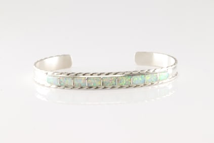 Native America Zuni Sterling Silver Opal Inlay Bracelet Cuff By J.P.C.