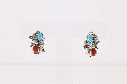 Native America Navajo Sterling Silver Coral & Turquoise Post Earring's By Robert Martinez.