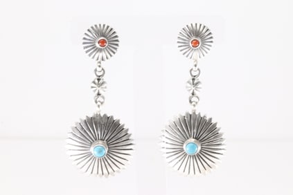Native America Navajo Sterling Silver Coral & Turquoise Post / Dangling Earring's By Verley Betone.
