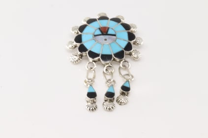 Native America Zuni Sterling Silver Multi-Color Stone Inlay Pin / Pendant By A.B.